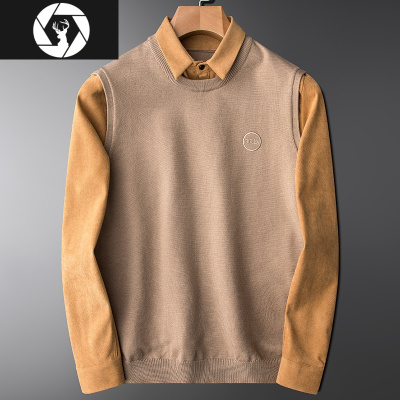 HongZun轻奢秋冬厚款商务假两件毛衣男衬衫领针织衫韩版潮流刺绣带领上衣毛衣