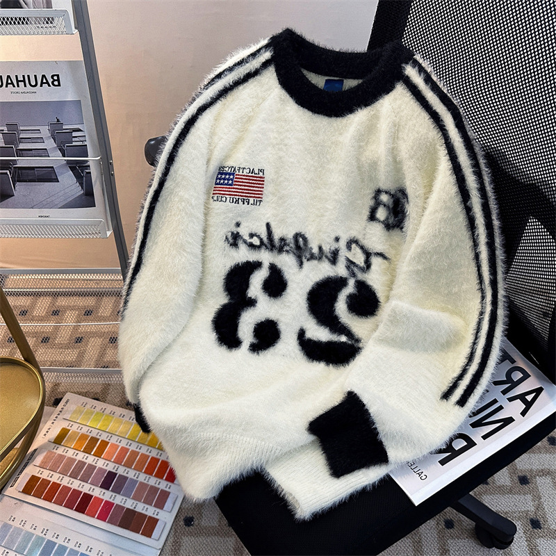 男装仿水貂绒毛衣男女同款美式潮牌ins字母提花宽松针织衫男