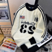 男装仿水貂绒毛衣男女同款美式潮牌ins字母提花宽松针织衫男