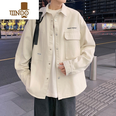 YANXU设计感口袋港风衬衫男长袖秋季宽松字母潮牌日系潮流帅上衬衣外套