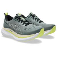 ASICS跑步鞋男缓震舒适节能支撑灰色配色黑色鞋带荧光绿点缀