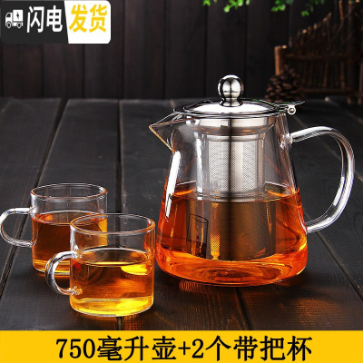 三维工匠玻璃茶壶套装泡茶壶可高温飘逸杯泡茶杯不锈钢过滤茶具耐热冲茶器 750壶+2个带把杯