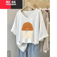 YIBUSHENGV领短袖T恤女2024季新款大码胖mm设计感小众遮肚子上衣藏肉