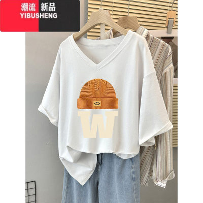 YIBUSHENGV领短袖T恤女2024季新款大码胖mm设计感小众遮肚子上衣藏肉