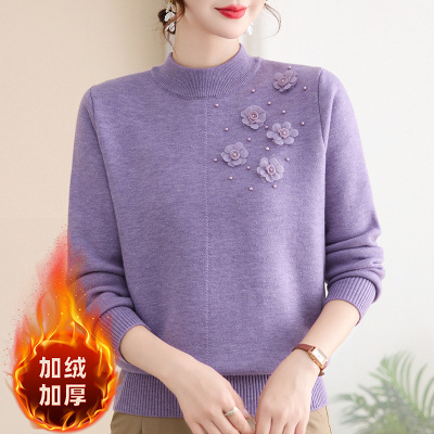 时尚中老年加绒妈妈装上衣女洋气保暖针织衫大码宽松毛线衫冬装女