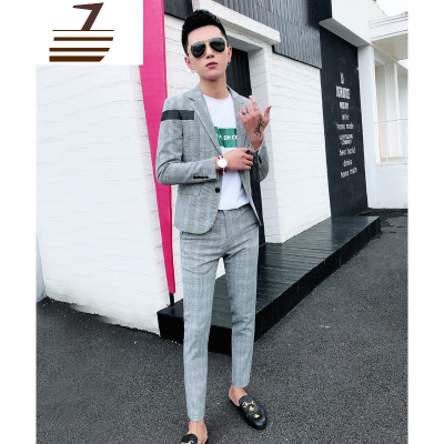 NEWLAKE2018西服套装男英伦格子修身潮社会青年帅气型师西装韩版两件套