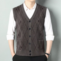 男式针织马甲背心 中年休闲V领无袖开衫保暖菱形羊毛背心濮院毛衫