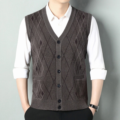 男式针织马甲背心 中年休闲V领无袖开衫保暖菱形羊毛背心濮院毛衫