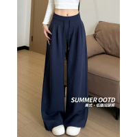 藏青运动裤子女春秋新款高腰垂感宽松显瘦直筒阔腿裤美式卫裤