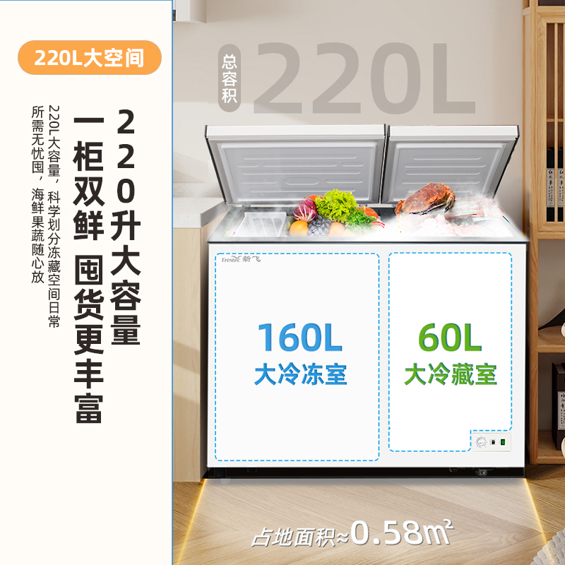 新飞(Frestec)220升家用商用冰柜 双箱双温冷柜 顶开门 冷藏冷冻卧式冰箱(白色)BCD-220DHF