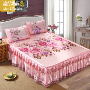 公主风可拆卸床裙可水洗冰丝凉席裙式 带花边席子防滑床罩床套女 三维工匠