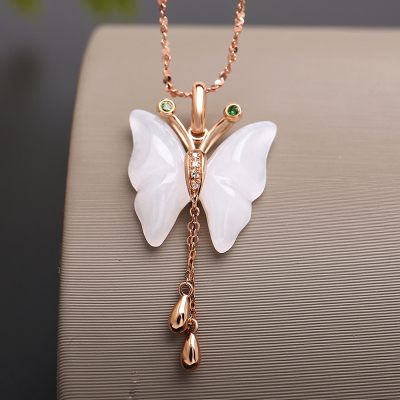 印象眸18k金钻石镶和田玉蝴蝶项链金镶玉羊脂白玉蝶舞玉石吊坠附送证书