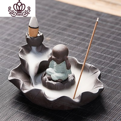 封后香炉倒流创意陶瓷紫砂檀香炉沉香炉倒流香炉香插熏香茶道香道摆件绿色坐莲小僧-不听-倒流香炉香薰灯炉/器具