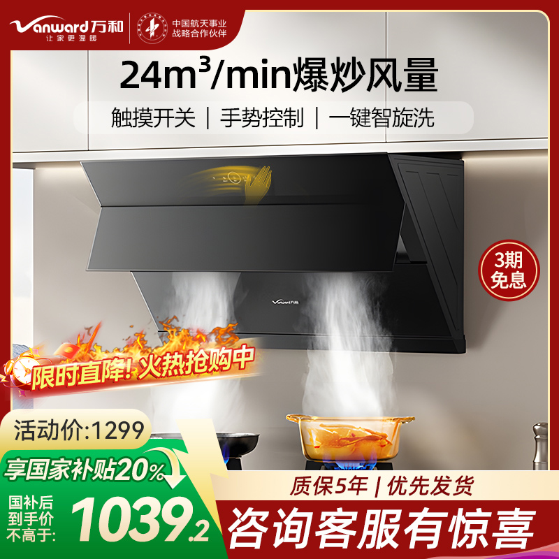 万和[小双翼DJ738 Pro·双腔大吸力]侧吸抽排油烟机24大风量爆炒自清洗一级能效手势控制智旋洗