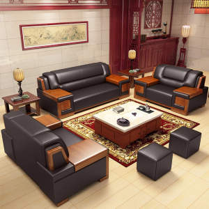 欧梵森 现代舒适办公沙发 新中式沙发大款洽谈会客商务接待皮艺沙发双人位三人位真皮客厅办公室会客沙发茶几组合套装低调奢华 深棕色 三人位