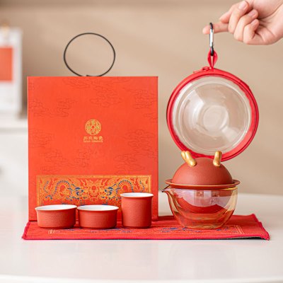 苏氏陶瓷(SUSHI CERAMICS)描金万事兴龙快客杯礼盒便捷旅行包茶具
