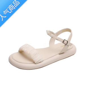 SUNTEK网纱珍珠凉鞋女2023夏季新款低帮浅口一字带凉鞋露趾平底女鞋