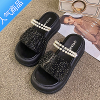 SUNTEK仙女风高级感珍珠网纱厚底高跟凉拖鞋女夏季外穿2023新款网红