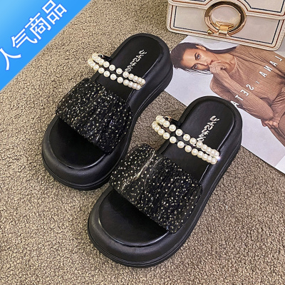 SUNTEK仙女风高级感珍珠网纱厚底高跟凉拖鞋女夏季外穿2023新款网红