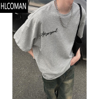 HLCOMAN美式花灰色短袖T恤男高街痞帅潮牌小领口设计感落肩半袖