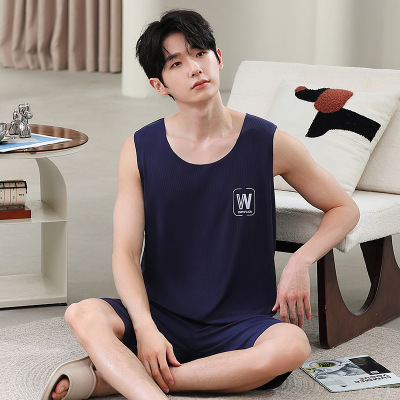 男士新款冰丝背心短裤套装夏天无袖凉爽休闲家居服睡衣大码可外穿