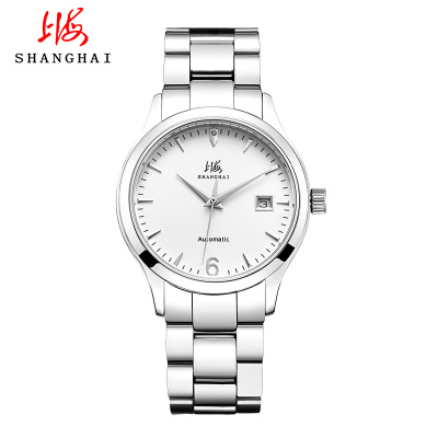 上海手表上海牌手表三针日历系列全自动机械表316L钢带日历夜光透底商务男表情侣表593