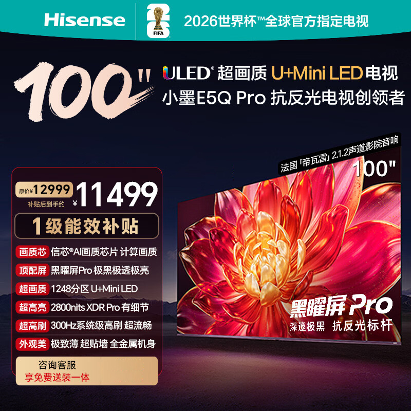 海信电视小墨 100E5Q Pro 100英寸1248分区U+MiniLED信芯芯片极黑抗反光黑曜屏Pro 高刷