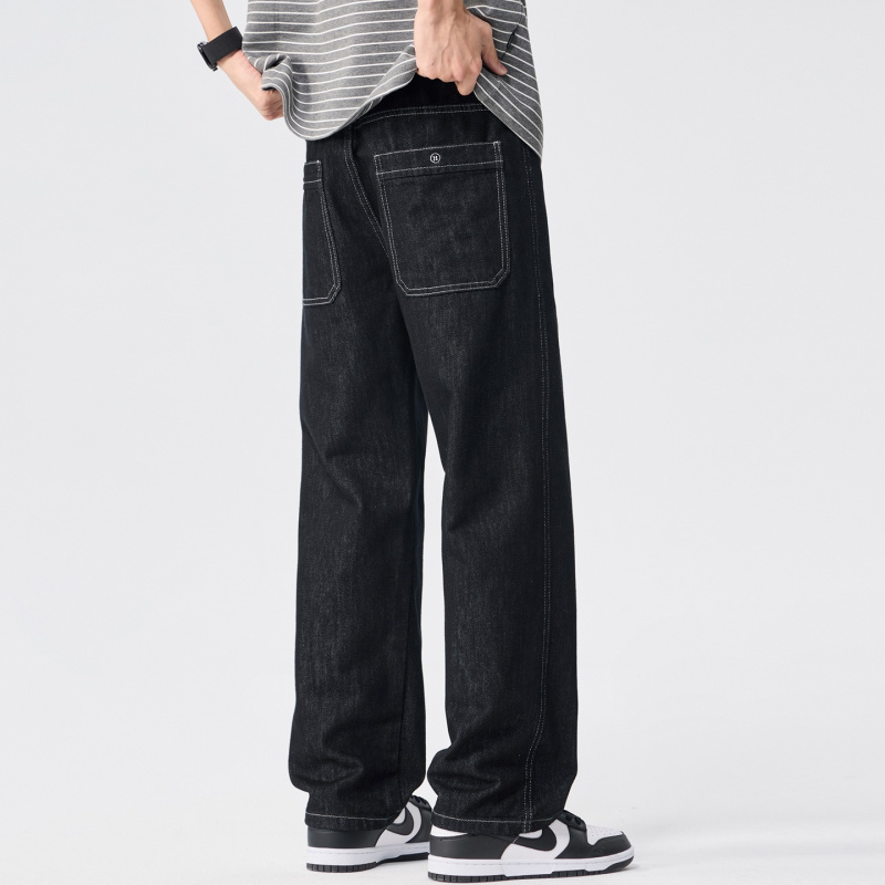 美式高街原色黑牛仔裤男潮牌宽松直筒阔腿拖地裤青少年百搭长裤子
