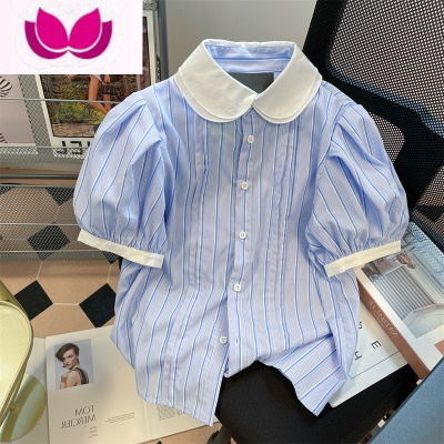 七斓法式学院风蓝色条纹泡泡短袖衬衫男女夏季别致复古小众娃娃领上衣