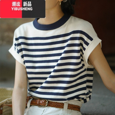 YIBUSHENG蓝白冰丝条纹针织衫女季薄款小个子短袖t恤港风复古法式上衣