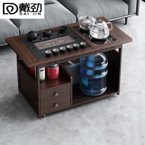 戴劲 移动茶台家用竹木小茶桌烧水壶一体简约现代功夫茶几玻璃+黑陶茶具