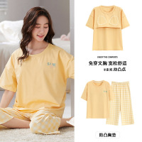 带胸垫睡衣女士夏季棉质短袖七分裤可爱卡通休闲宽松风家居服套装