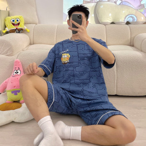 男士睡衣夏季仿棉短袖韩版卡通青少年休闲宽松外穿短裤家居服套装