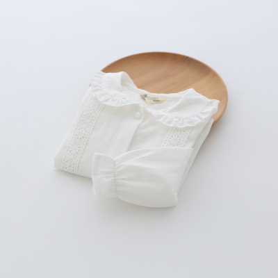 女童衬衫杨梅童装2018春秋新款宝宝蕾丝花朵荷叶袖衬衣娃娃衫包