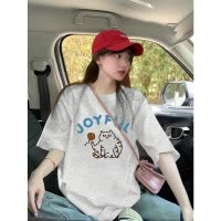 [1.5折价34元]唐狮夏季女圆领前胸小猫图案短袖T恤可爱百搭韩系减龄时髦