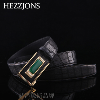 赫泽琼斯HEZZJONS自动扣男士腰带进口鹿皮皮带青中年商务休闲软皮裤腰带男士天然玉石扣皮带奢侈品腰带黑色进口鹿皮