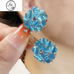 JiMi高级感气质猫眼花朵耳环时尚百搭网红耳饰银银针耳钉耳夹新款 蓝色猫眼花朵耳环
