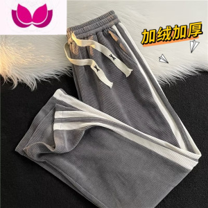 七斓美式复古棕咖色裤子加绒男款冬季条纹休闲裤设计感小众宽松直筒裤