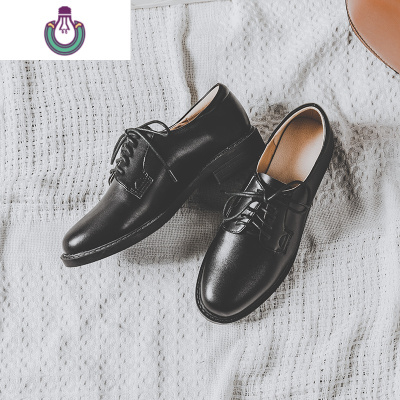 FISHBASKET小皮鞋女英伦2020新款韩版百搭中跟系带粗跟黑色软皮单鞋加绒休闲鞋