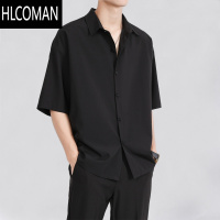HLCOMAN冰丝衬衫男短袖夏季男士休闲外套高级感痞帅五分袖黑衬衣