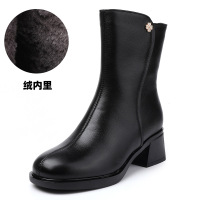 头层牛皮靴女24新款秋冬加绒短靴粗跟侧拉链单靴软底真皮中筒皮靴