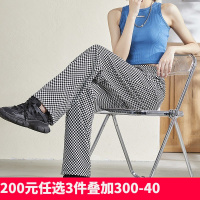 [2.5折价88元]唐狮新款千鸟格休闲裤女微喇高腰显瘦喇叭裤直筒宽松复古裤子