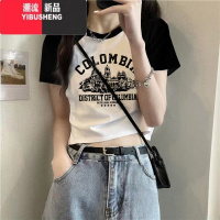YIBUSHENG白色正肩短袖t恤女2024季新款欧货撞色设计感小众短款高腰上衣