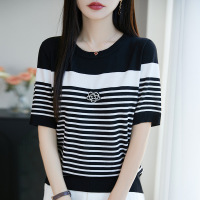 夏季女装新款曲珠冰麻丝短袖女针织衫条纹T恤女圆领背心
