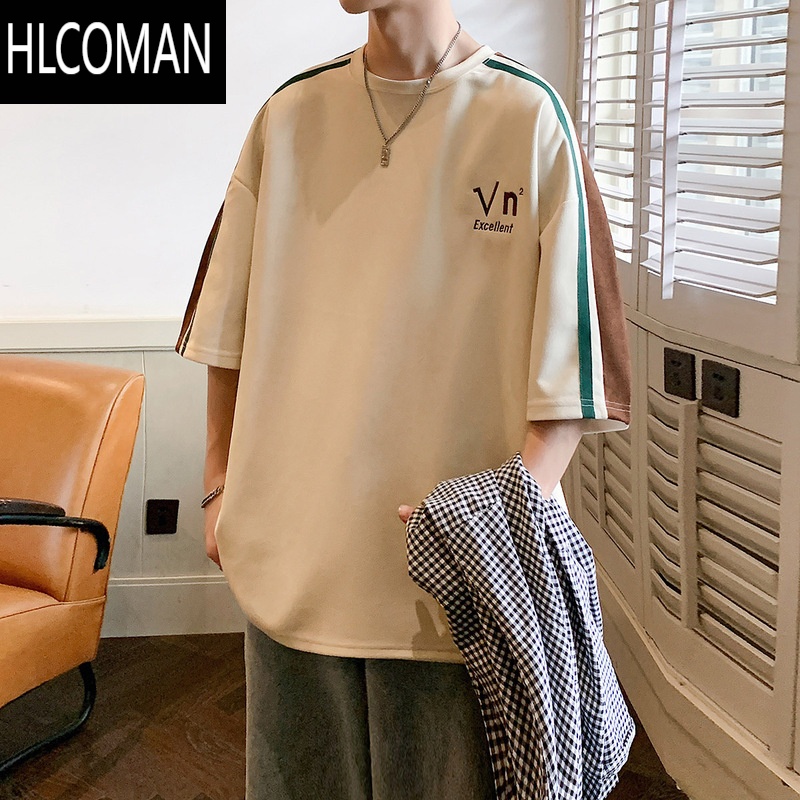 HLCOMAN仿绒短袖T恤男士夏季新款宽松潮牌撞色设计感小众五分袖上衣