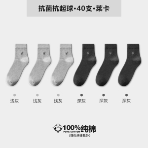 花花公子纯棉袜子男款秋冬全棉袜中筒袜防臭吸汗抗菌黑色长袜