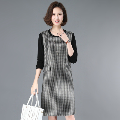 班俏BANQIAO千鸟格连衣裙女2020年秋季新款显瘦毛呢背心裙长袖假两件遮胯裙子时尚女士连衣裙女装2206千鸟格L