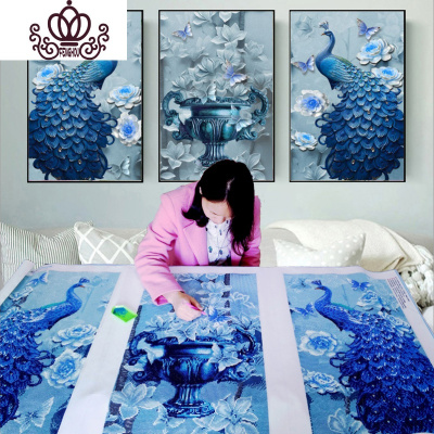 封后十字绣钻石绣2019新款孔雀5d钻石画满钻三联画客厅大幅砖满钻三幅一起尺寸-240*120cm多送钻少了免费补发