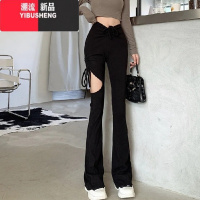 YIBUSHENG设计感微喇系带镂空休闲裤女2022春秋薄款长裤高腰显瘦辣妹喇叭裤
