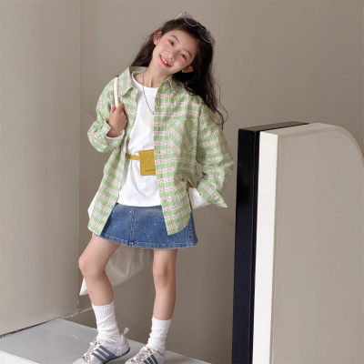 女童格子衬衫春款2026新款小女孩休闲薄外套儿童绿色长袖外穿衬衣